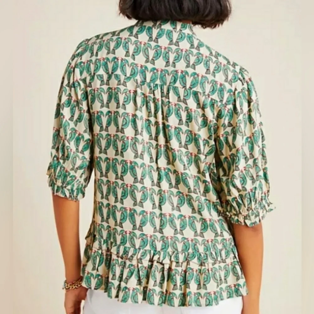 NWOT Anthropologie Maeve Parrot Ruffled Pleated Puff Sleeve Peplum Top, Size S - Picture 2 of 11